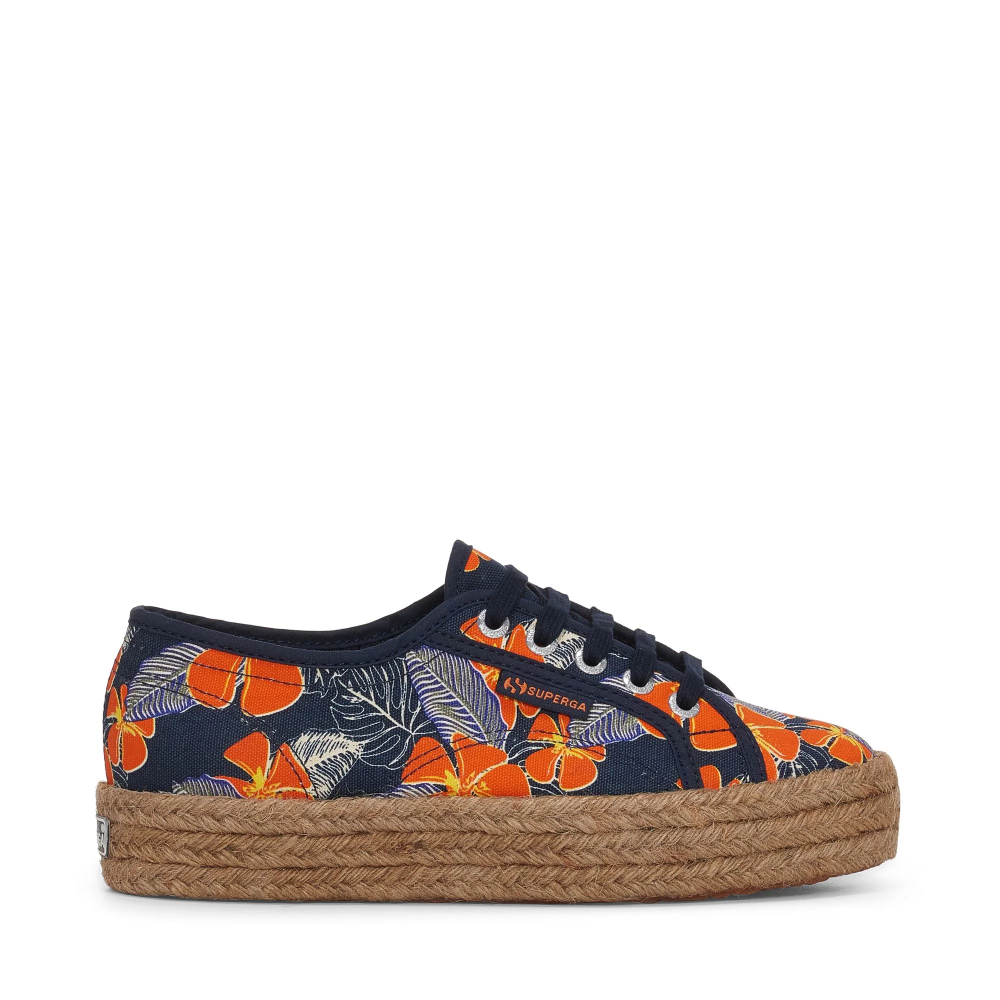 2730 ROPE HIBISCUS FLOWER PRINT - Lady Shoes - Wedge - Woman - Blue Navy-Orange Hibiscus