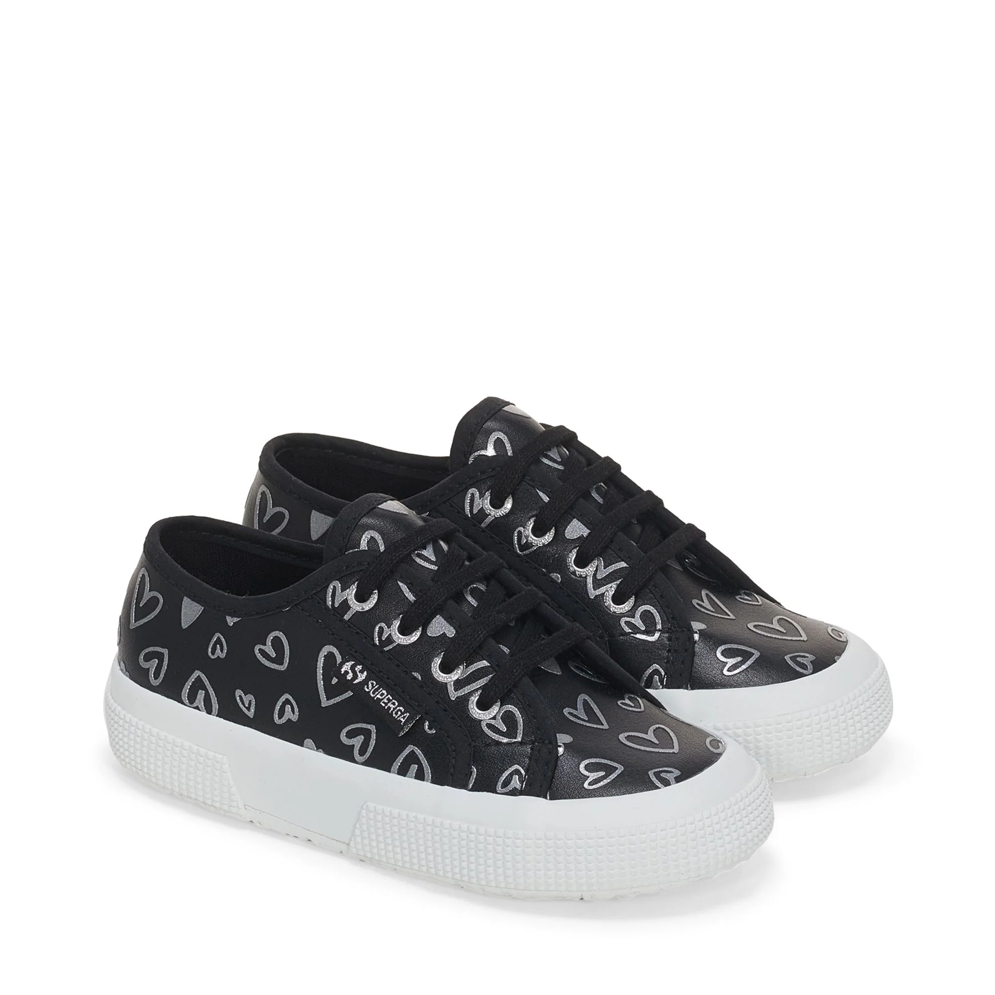 2750 KIDS VEGAN MATERIAL CUTE HEARTS PRINT - Le Superga - Low Cut - Girl - Black-Silver Hearts - Image 2